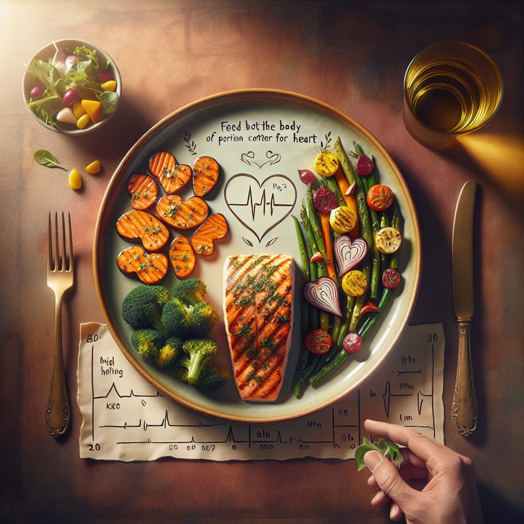 A beautifully arranged keto meal on a plate, featuring grilled salmon steak, roasted low-carb vegetables, and a side salad drizzled with olive oil, emphasizing portion control for maintaining a healthy heart.