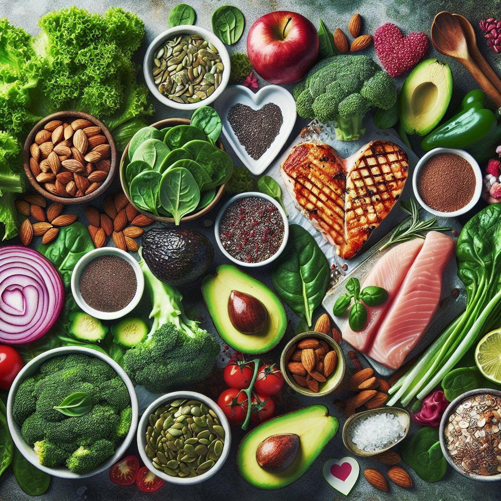 Vibrant and colorful keto meal spread featuring fresh leafy greens, ripe avocados, grilled chicken, salmon, nuts, and seeds, promoting heart health and delicious ketogenic recipes.