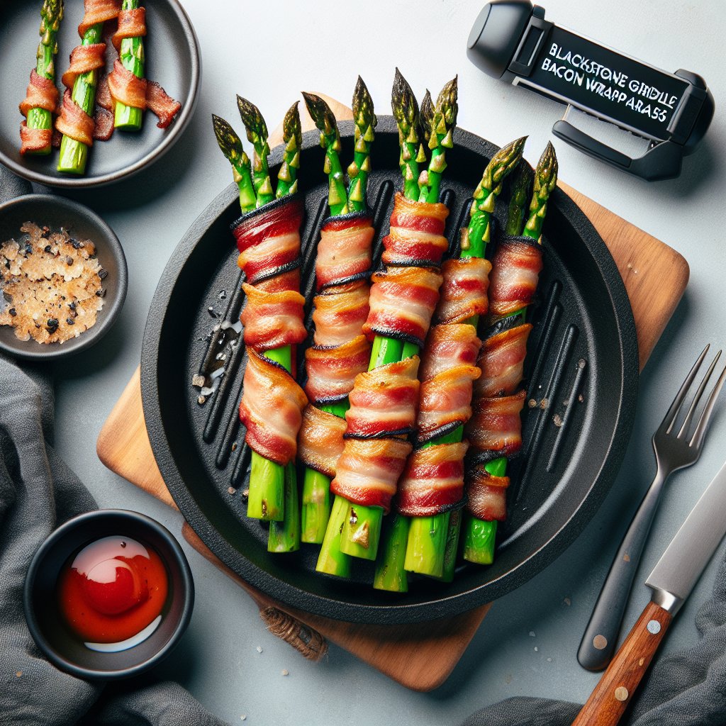 Delicious bacon-wrapped asparagus grilled to perfection on a blackstone griddle