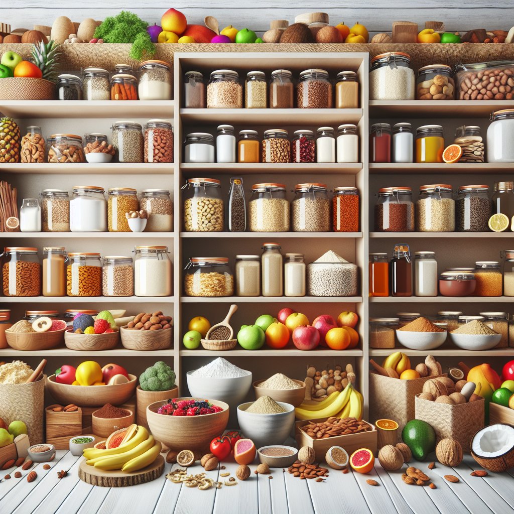 Vibrant and diverse pantry shelves filled with colorful fresh fruits, nuts, alternative flours, and sugar-free sweeteners for ketogenic baking options.