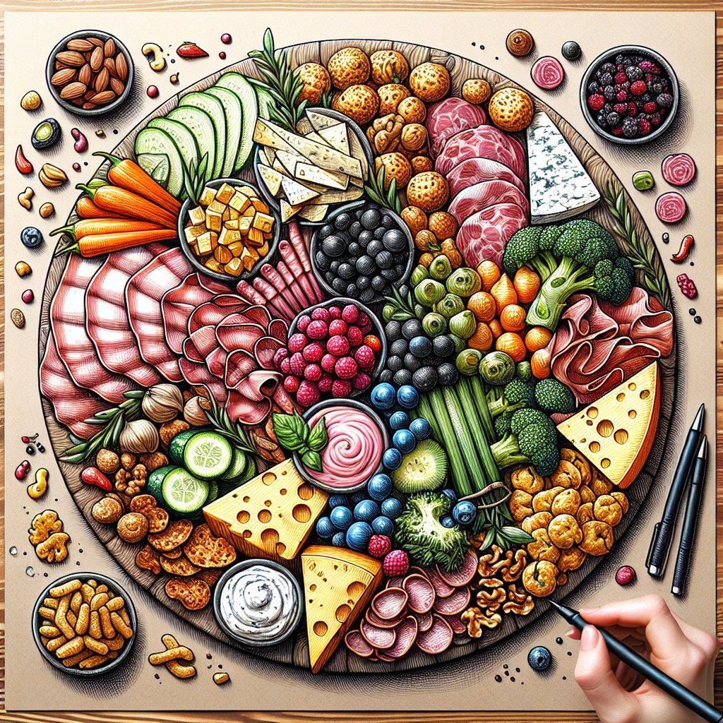 Elegantly arranged charcuterie board with cured meats, cheeses, vegetables, nuts, and dips, showcasing a variety of colors, textures, and flavors for a delicious and low-carb keto snack spread.