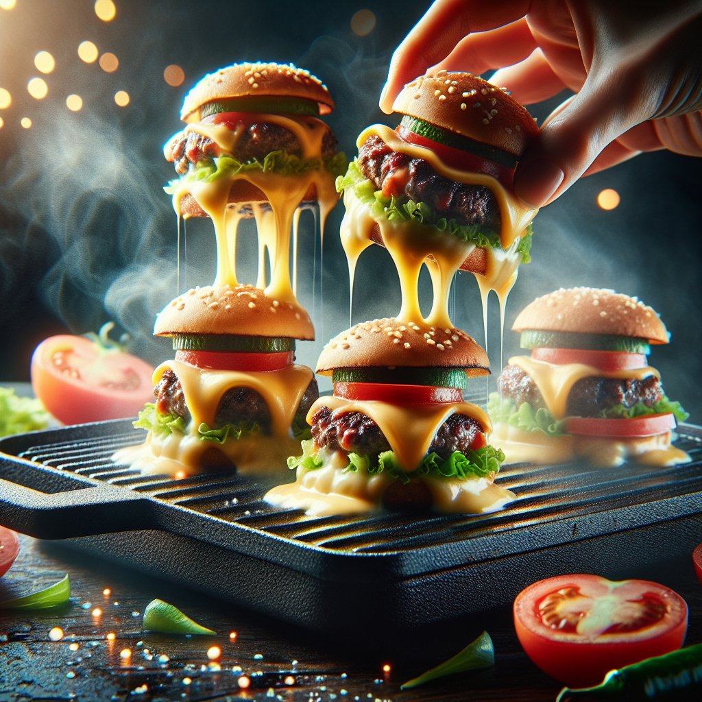 Juicy and flavorful keto cheeseburger sliders topped with melted cheese, lettuce, and tomatoes cooking on a sizzling Blackstone griddle.