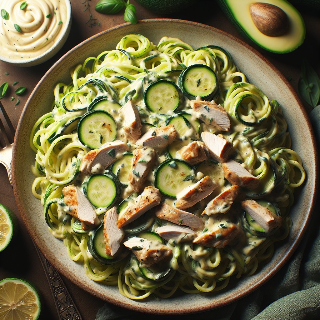 Vibrant plate of low-carb chicken Alfredo zucchini noodles, elegantly presented with tender chicken pieces, all coated in a creamy Alfredo sauce, exuding freshness and inviting colors.