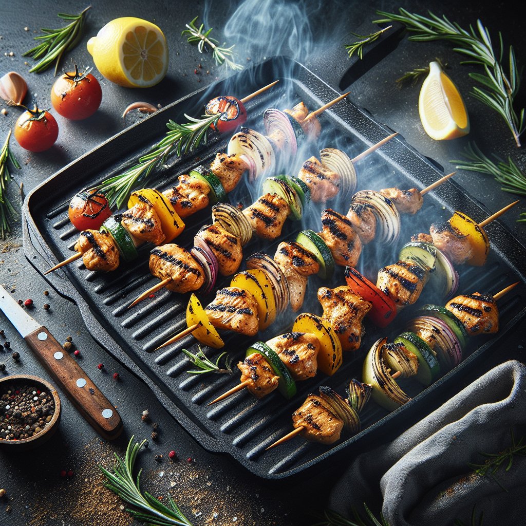 Succulent Keto Blackstone Griddle Chicken Skewers sizzling on the hot griddle, surrounded by colorful vegetables and herbs, with grill marks, lemon wedge, rosemary sprigs, and black pepper, evoking summer grilling vibes.