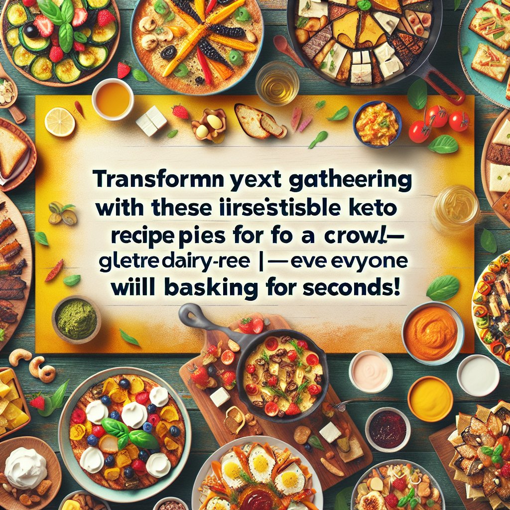 A vibrant and diverse spread of colorful and appetizing keto dishes, accommodating various dietary needs within a gathering. Vegetarian, dairy-free, gluten-free, and nut-free options included.