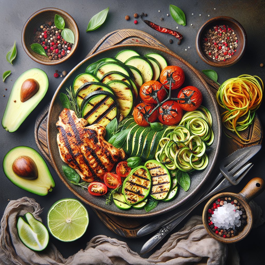 Colorful keto-friendly plate with avocado slices, grilled chicken, and zucchini noodles on a sizzling Blackstone griddle, showcasing freshness and vitality in a modern kitchen setting.