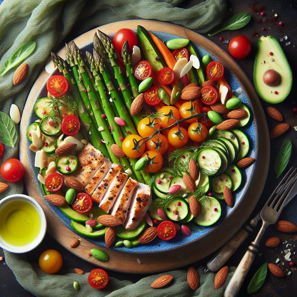 Assorted colorful low-carb vegetables, grilled chicken breast, and seared salmon drizzled with avocado oil and sprinkled with chopped almonds on a vibrant plate.