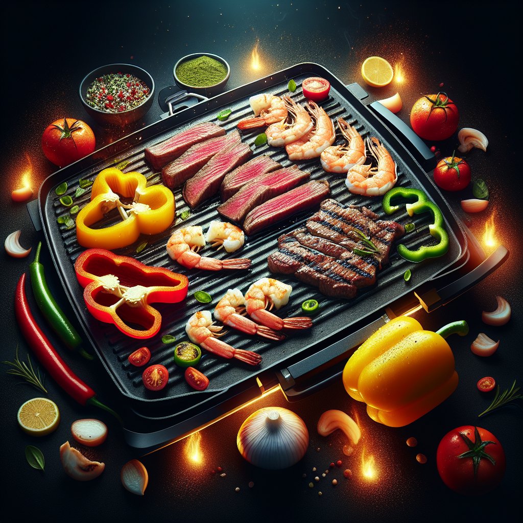 Assortment of fresh keto-friendly ingredients including bell peppers, steak slices, and shrimp sizzling on a Blackstone griddle