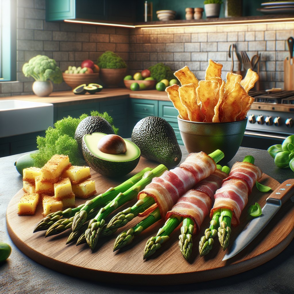 Fresh avocados, crispy bacon-wrapped asparagus, and golden cheese crisps on display in a vibrant kitchen setting