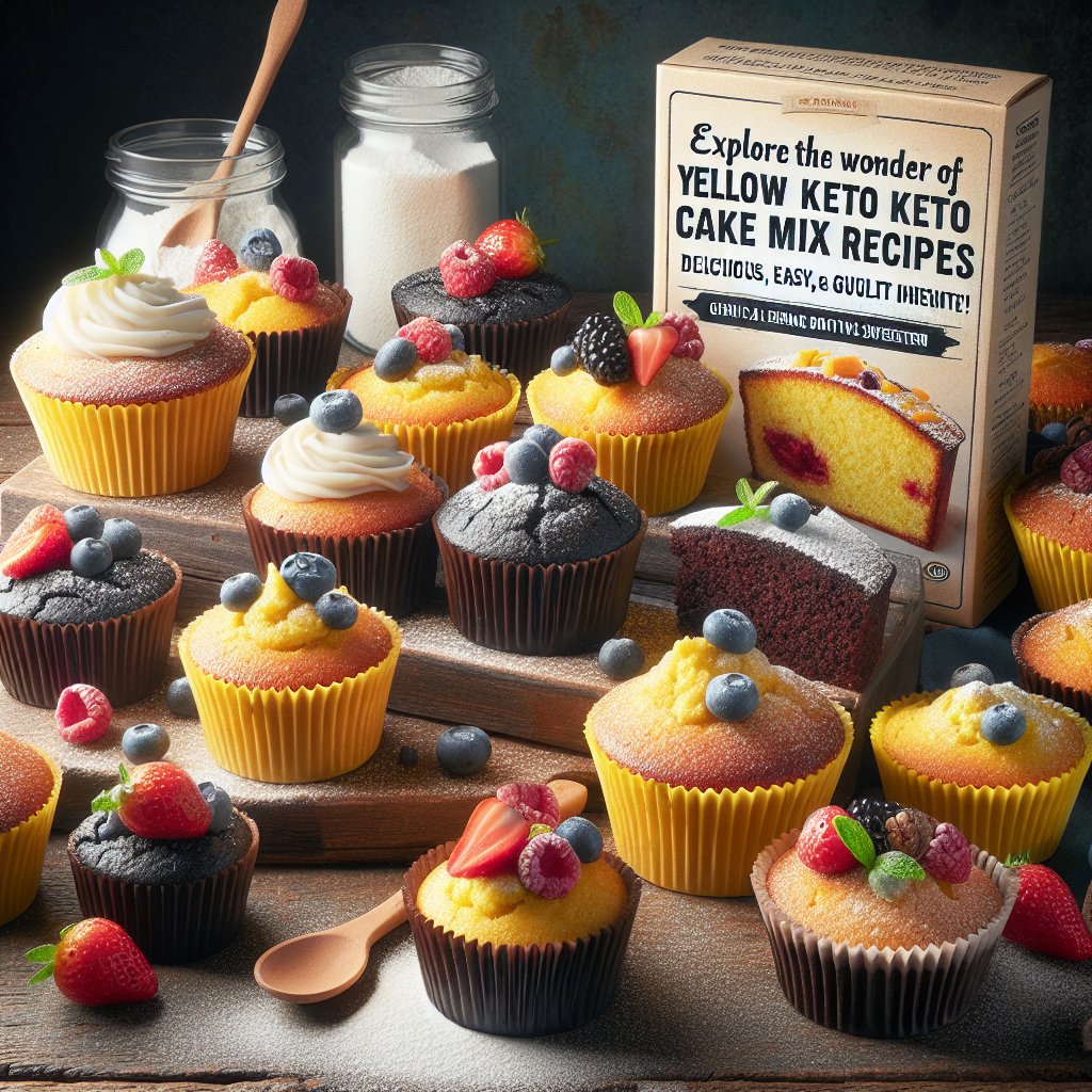 Assortment of keto-friendly treats made using Duncan Hines Keto Yellow Cake Mix, garnished with fresh berries and powdered erythritol on a rustic wooden table