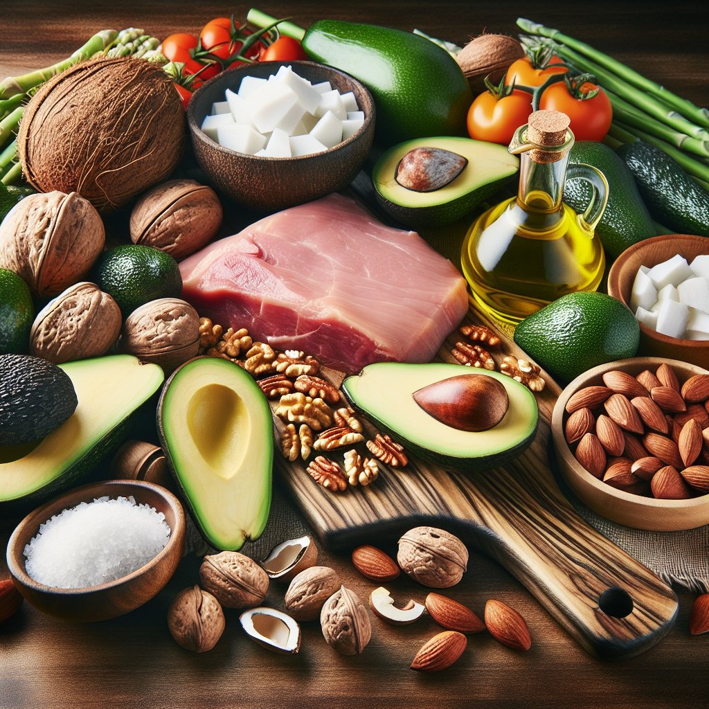 Assorted Trader Joe's keto ingredients on cutting board, featuring avocados, nuts, coconut oil, and grass-fed meats, emphasizing freshness and quality for ketogenic diet.