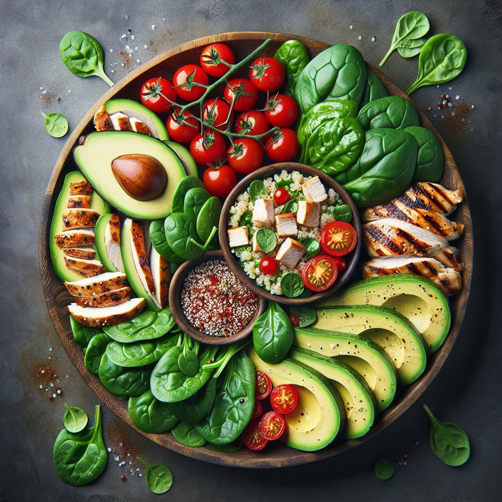 Beautifully arranged platter with avocado, spinach, grilled chicken, cherry tomatoes, and quinoa, garnished with herbs and low sodium seasoning