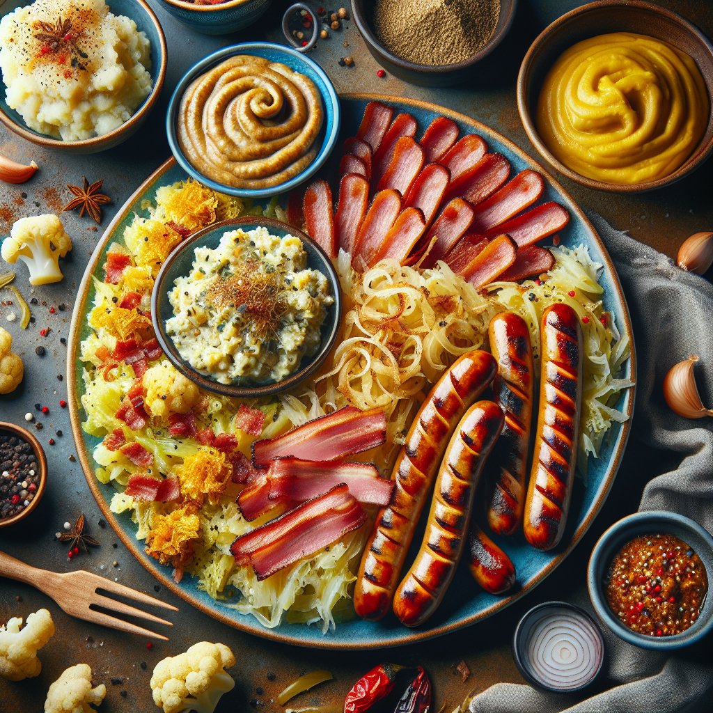 Vibrant platter of traditional German dishes with a keto twist, featuring sauerkraut salad, bratwurst sausages with mustard, and cauliflower mash topped with fried onions