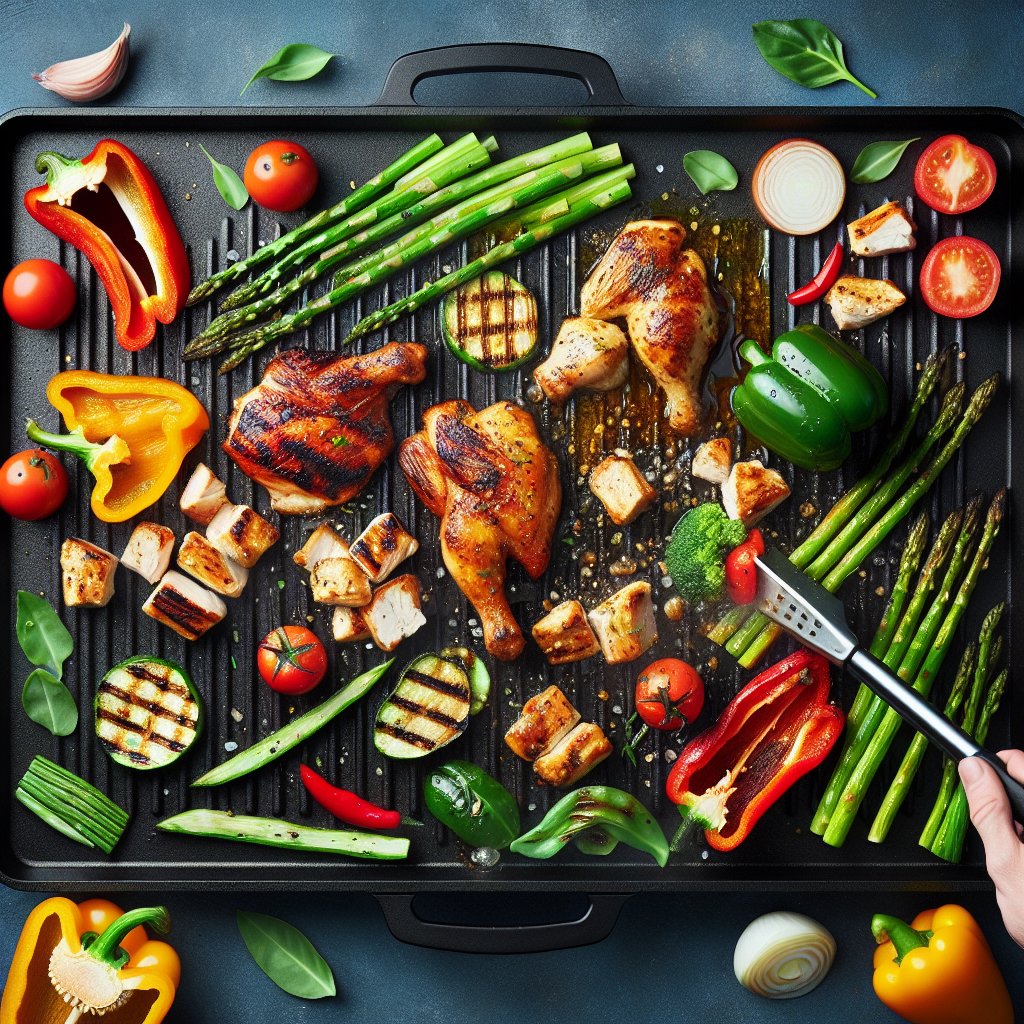 Vibrant keto-friendly ingredients sizzling on a blackstone griddle including bell peppers, chicken cuts, and asparagus being expertly cooked to perfection.