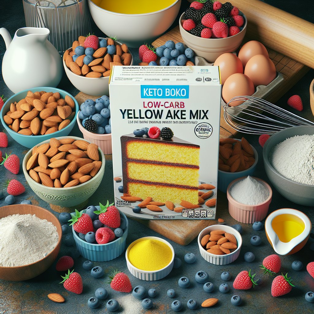 Beautifully styled kitchen counter with keto-friendly ingredients and Duncan Hines keto yellow cake mix, surrounded by fresh berries and a whisk.