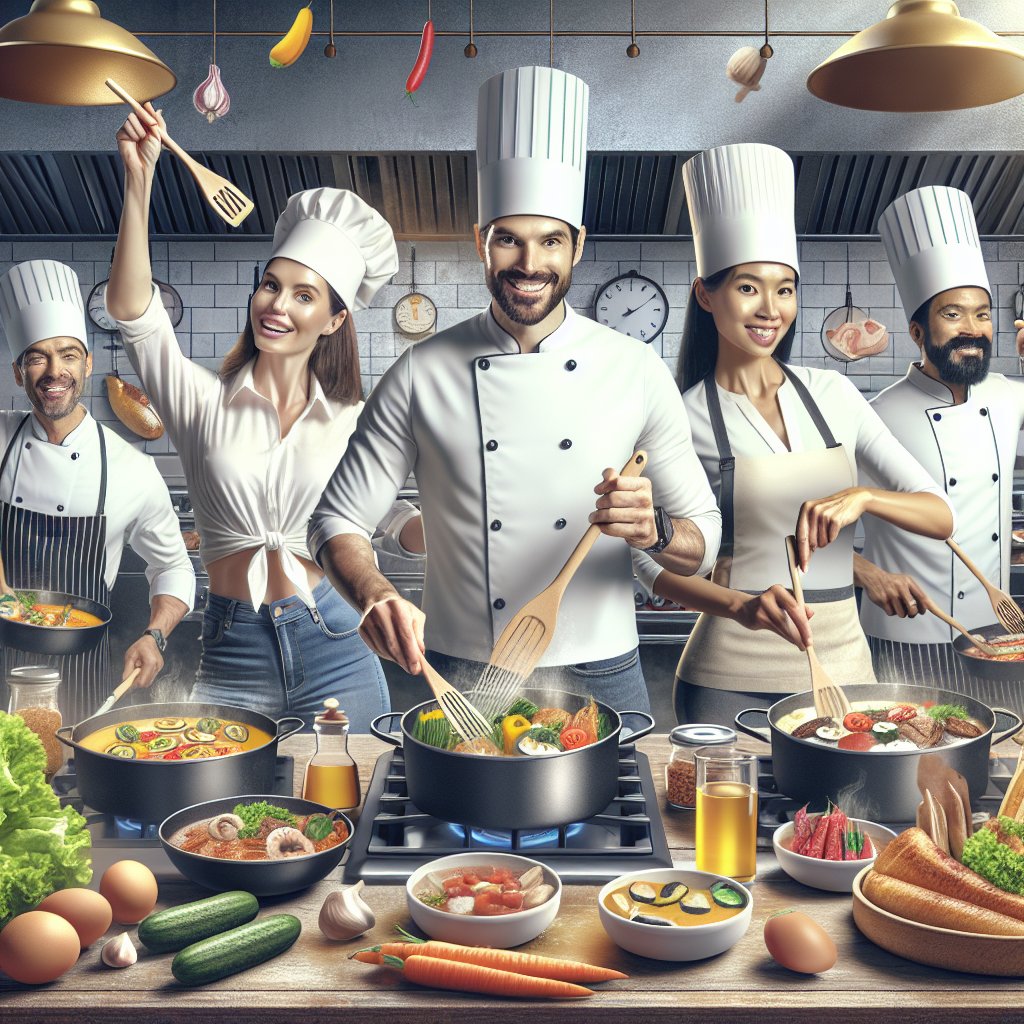 A vibrant kitchen scene with chefs working together to prepare colorful and appetizing keto dishes with precision and enthusiasm.