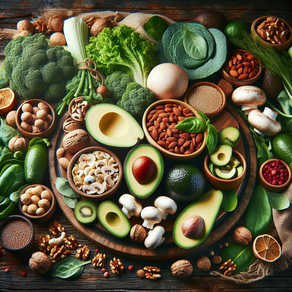 Assortment of vibrant and diverse keto-friendly ingredients like leafy greens, avocados, mushrooms, and nuts on a wooden cutting board.