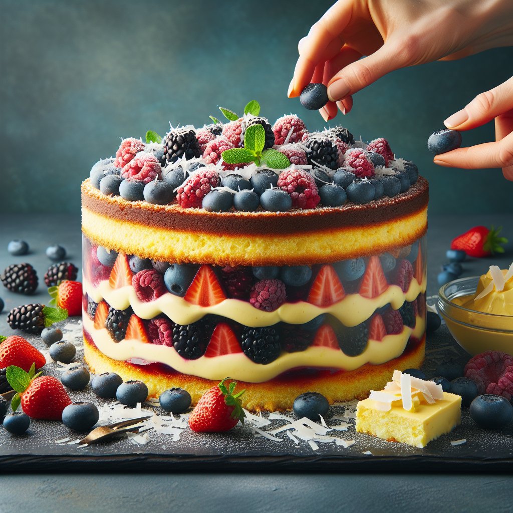 Decadent Keto Mixed Berry Trifle made with moist yellow cake, creamy custard, fresh berries, and coconut flakes