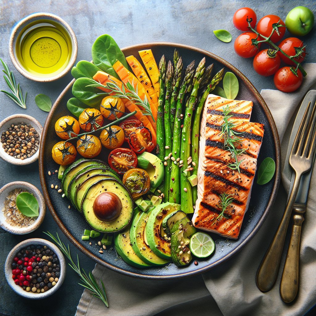 Vibrant and nutritious keto plate with grilled salmon, avocado slices, roasted asparagus, and cherry tomatoes, drizzled with olive oil and garnished with fresh herbs.