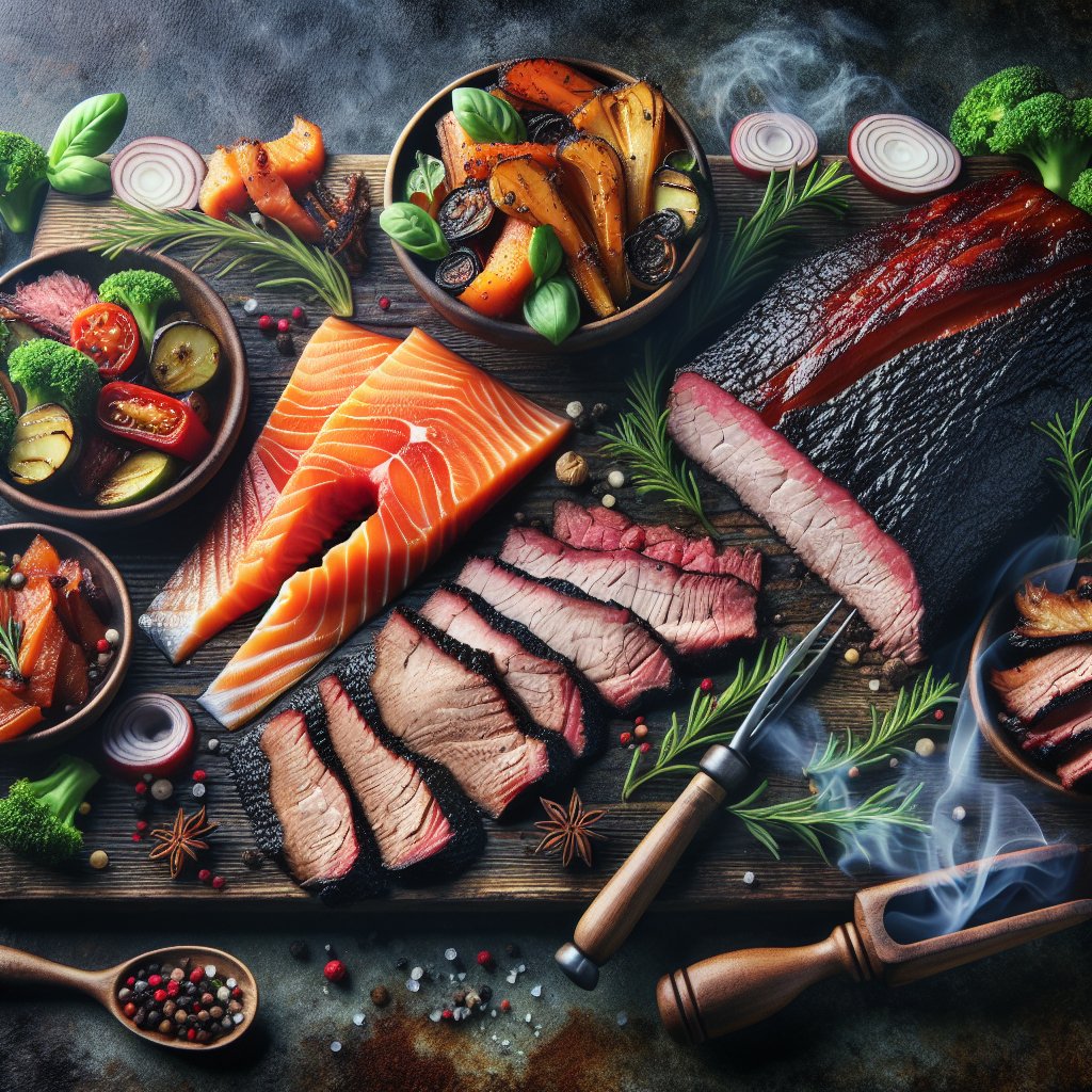 Mouth-watering keto smoker spread featuring smoked salmon, brisket, and assorted vegetables, expertly smoked to perfection and bursting with flavor