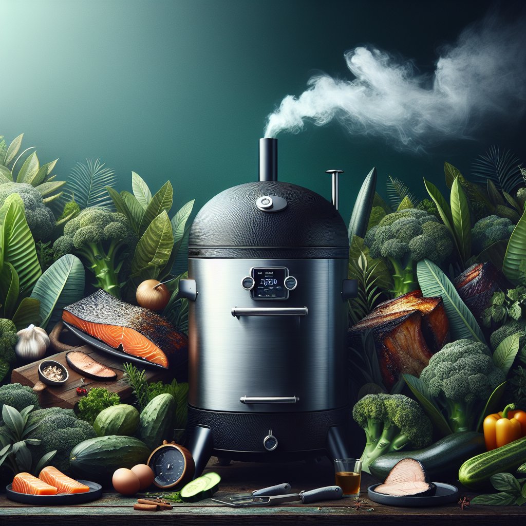 Sleek modern smoker in lush greenery, emitting flavorful smoke, perfect for keto cooking enthusiasts