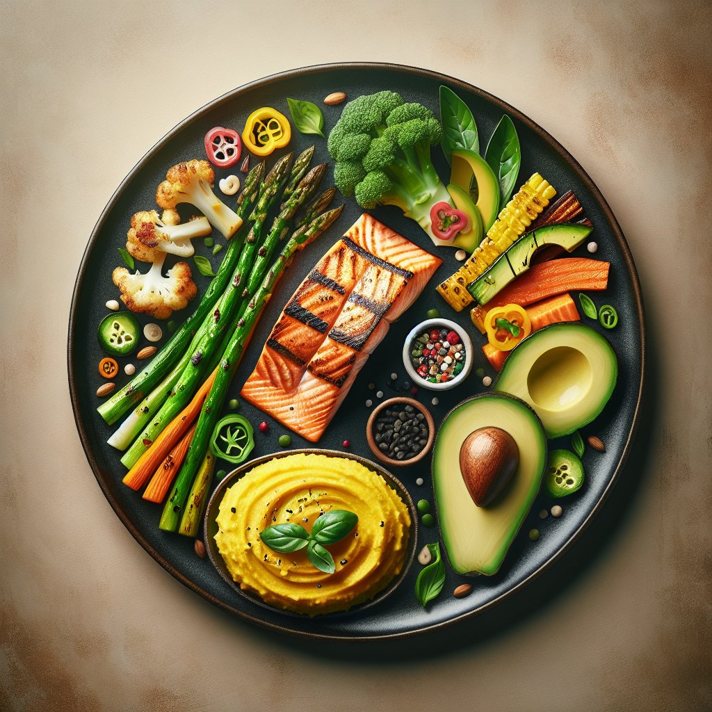 Vibrant keto soul food plate with grilled salmon, roasted asparagus, creamy cauliflower mash, and avocado slices artfully arranged on a stylish plate, promoting health and well-being.