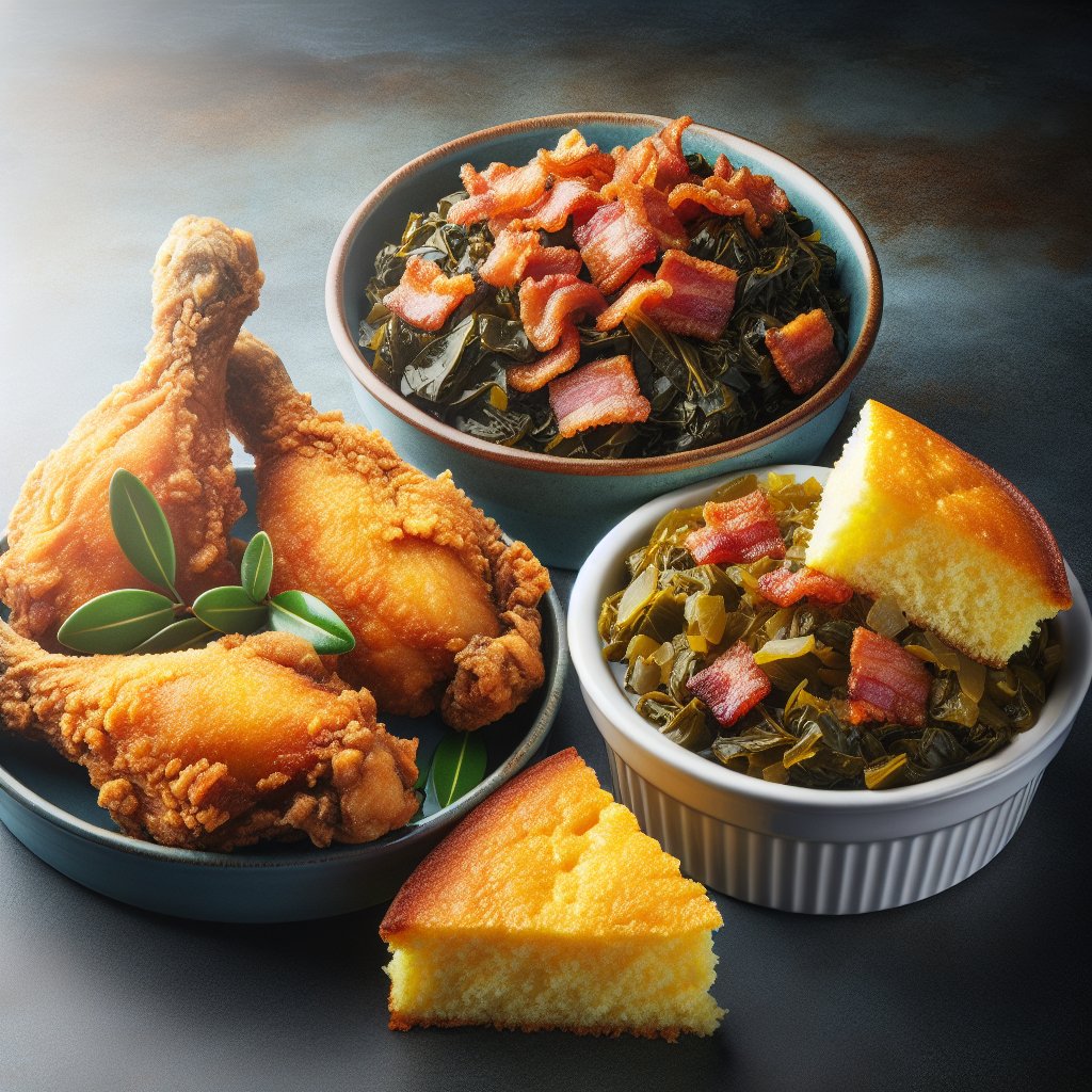 A mouthwatering trio of keto soul food dishes: golden crispy fried chicken, collard greens with bacon, and crumbly keto cornbread on a plate.