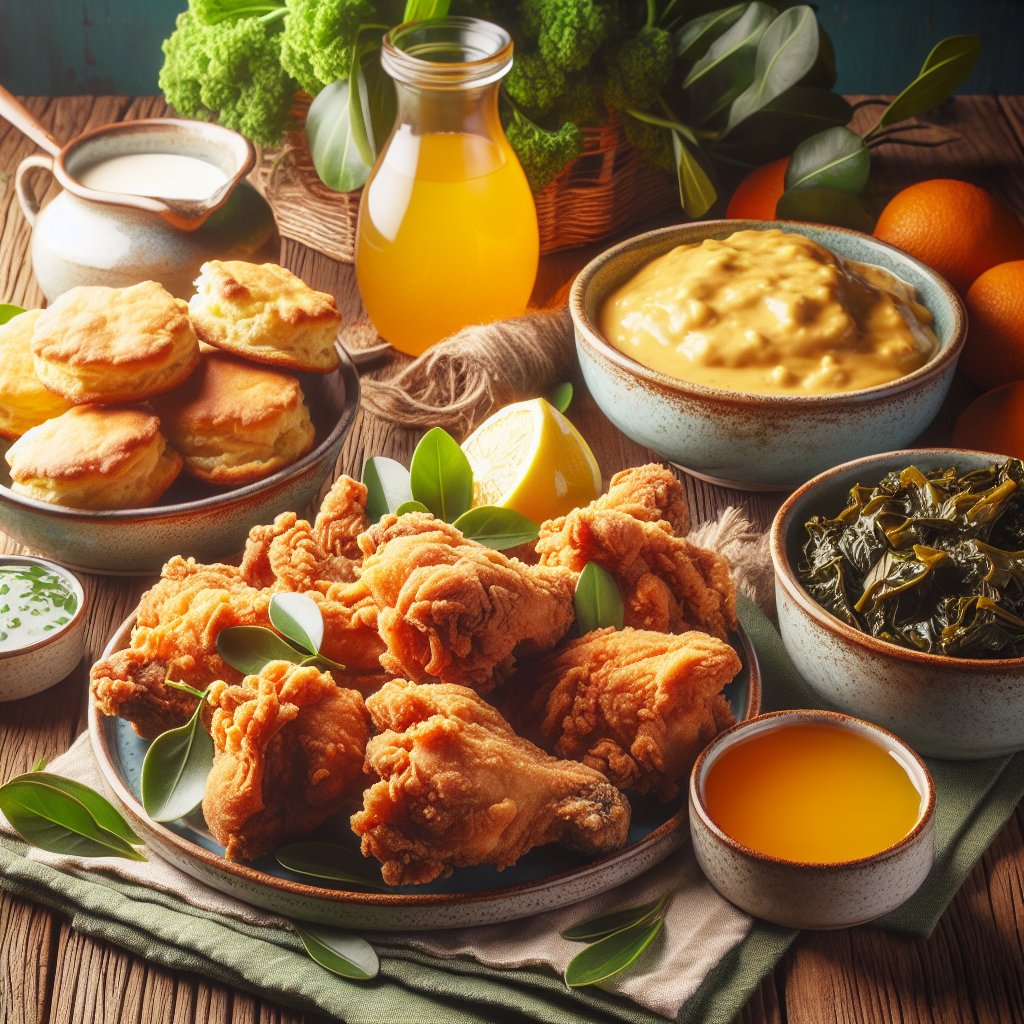 A variety of vibrant and delicious keto-friendly southern dishes, including crispy fried chicken, golden brown buttermilk biscuits, and flavorful collard greens, beautifully arranged on a rustic wooden table.