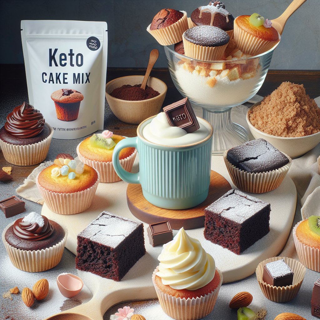 Assortment of keto treats including mug cake, brownies, and cupcakes made with keto cake mix, ideal for ketogenic diet enthusiasts