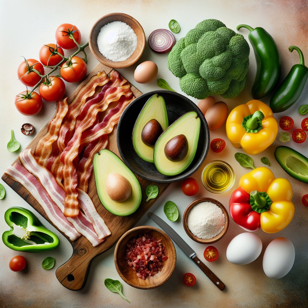 Vibrant image of ripe avocados, crisp bacon strips, and colorful bell peppers, showcasing essential ingredients for crowd-friendly keto recipes