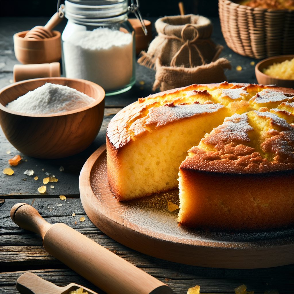 Macro shot of a freshly baked Duncan Hines Keto Yellow Cake, featuring a golden crust, moist crumb, and aromatic appeal, with low carb, high fiber, keto-friendly ingredients like almond flour and erythritol, set against a rustic wooden backdrop with a sprinkle of powdered sugar.