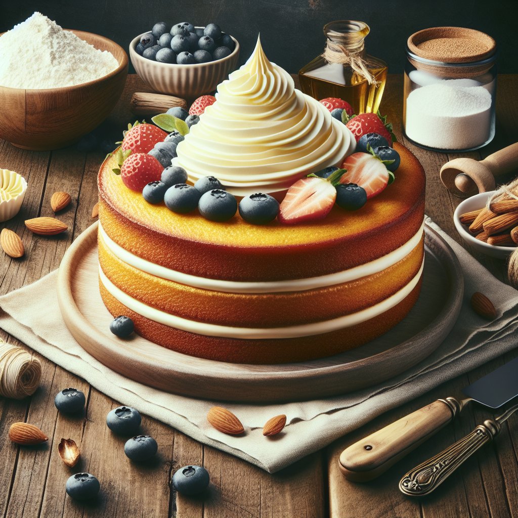 Freshly baked Duncan Hines Keto Yellow Cake with whipped cream and berries on a rustic wooden table, surrounded by baking utensils and ingredients like almond flour, erythritol, and vanilla extract.