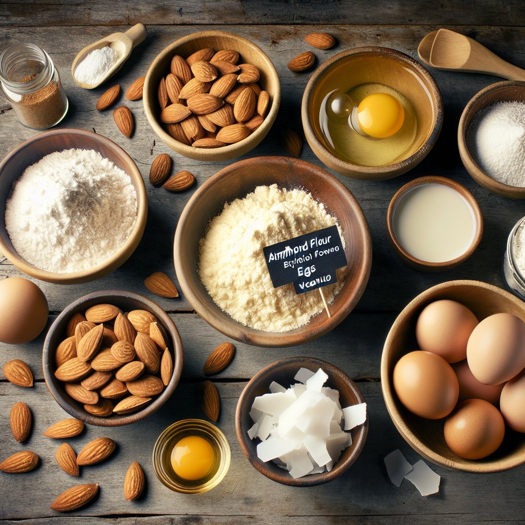 Assorted keto yellow cake mix ingredients including almond flour, erythritol sweetener, coconut flour, baking powder, vanilla extract, and eggs gracefully presented in bowls on a wooden table with scattered almonds and coconut flakes.