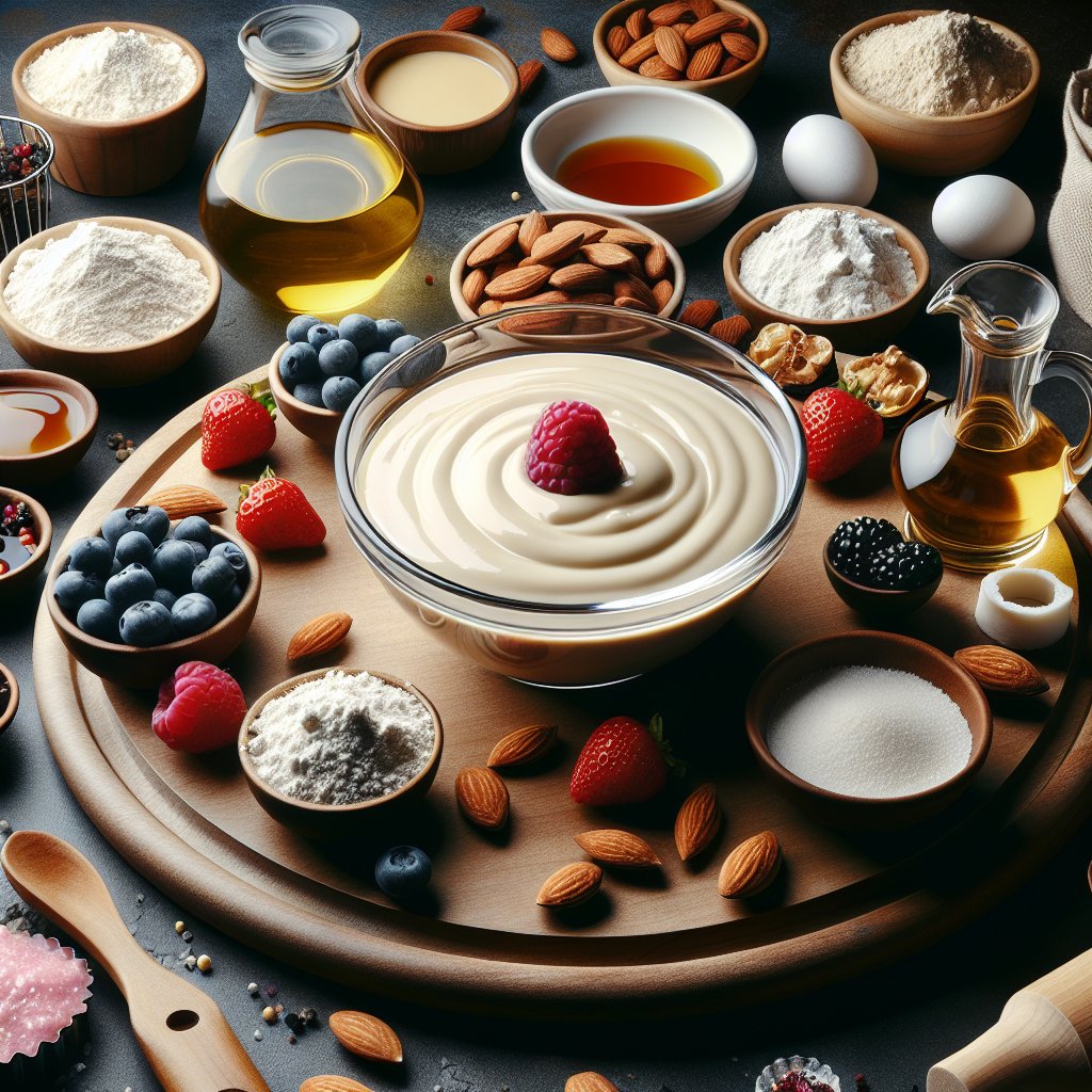 A sophisticated kitchen counter display with keto-friendly ingredients and a creamy sauce thickened with xanthan gum in a glass bowl.