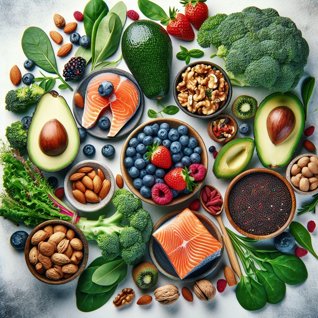 Assortment of vibrant and diverse keto-friendly ingredients for women over 50, including avocados, berries, greens, salmon, nuts, and seeds, arranged elegantly to signify health and vitality.