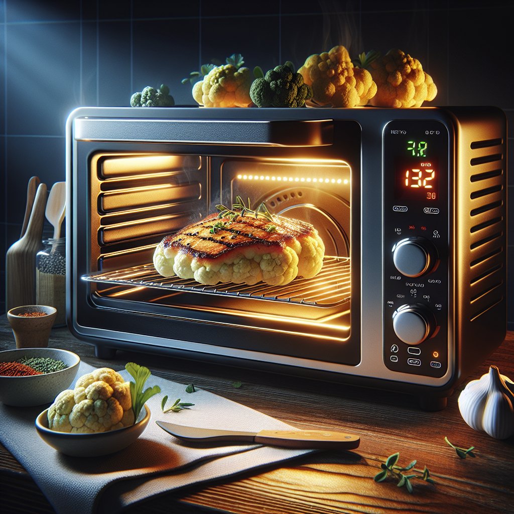 A vibrant scene of a perfectly roasted cauliflower steak sizzling in a sleek toaster oven, with digital display showing temperature setting and countdown timer, surrounded by fresh herbs and spices, embodying precision and culinary artistry in keto cooking.