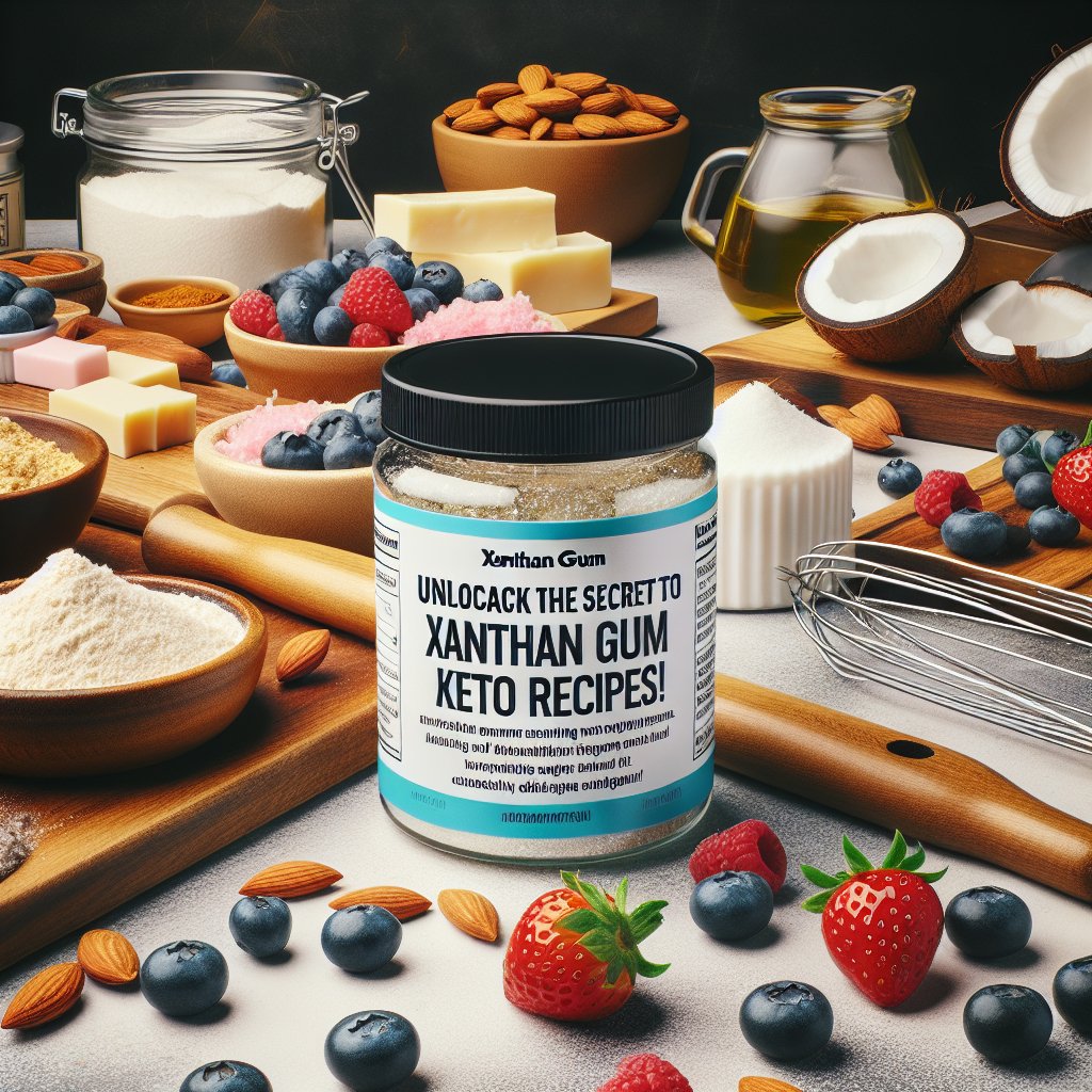 Variety of keto-friendly ingredients arranged beautifully on a kitchen countertop, featuring xanthan gum, almond flour, coconut oil, and fresh berries, setting the tone for a creative and inspiring keto cooking experience.