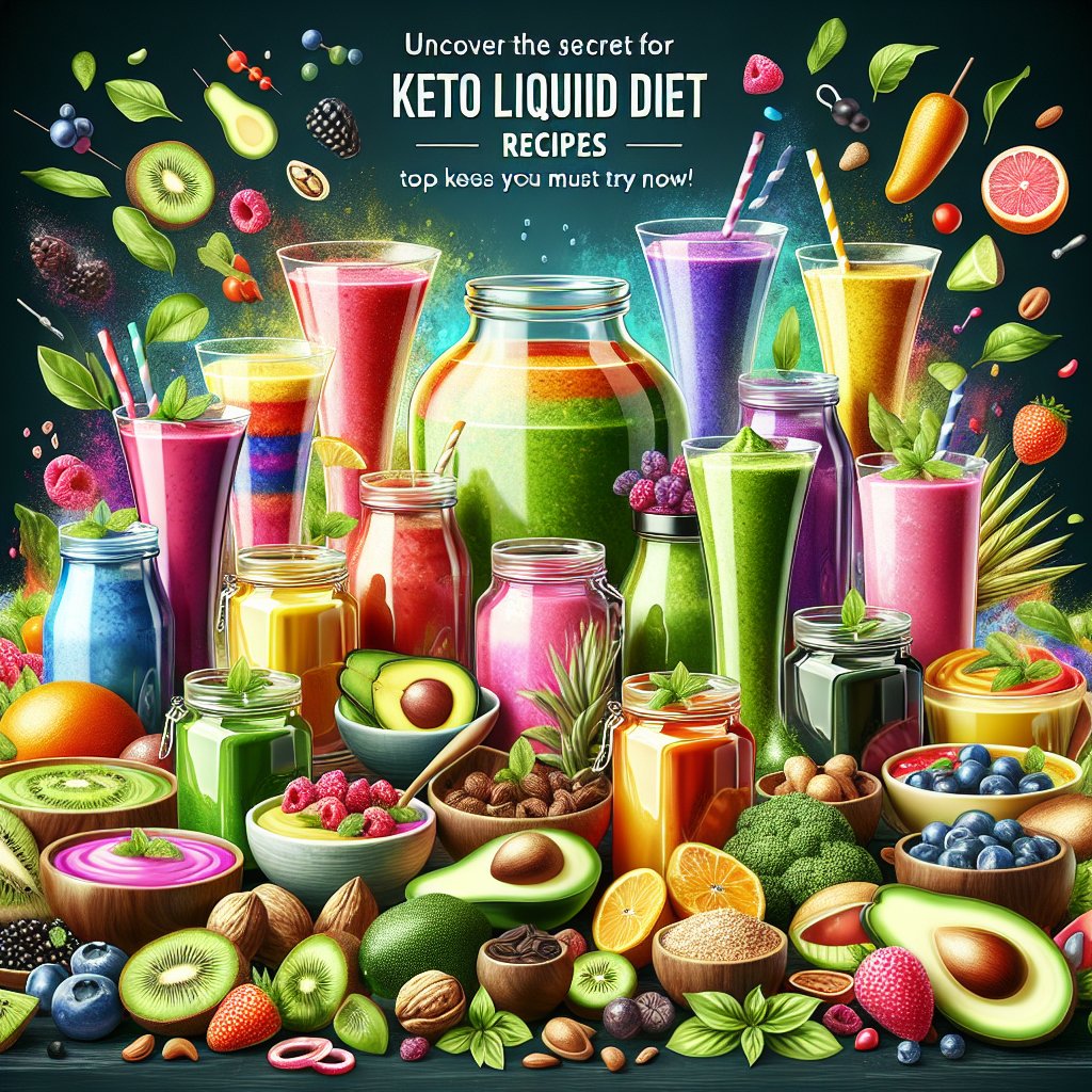 Colorful and nutritious keto liquid diet recipes including smoothies, soups, and other liquid meals featuring avocados, berries, leafy greens, and nuts, creating a vibrant and visually appealing display.