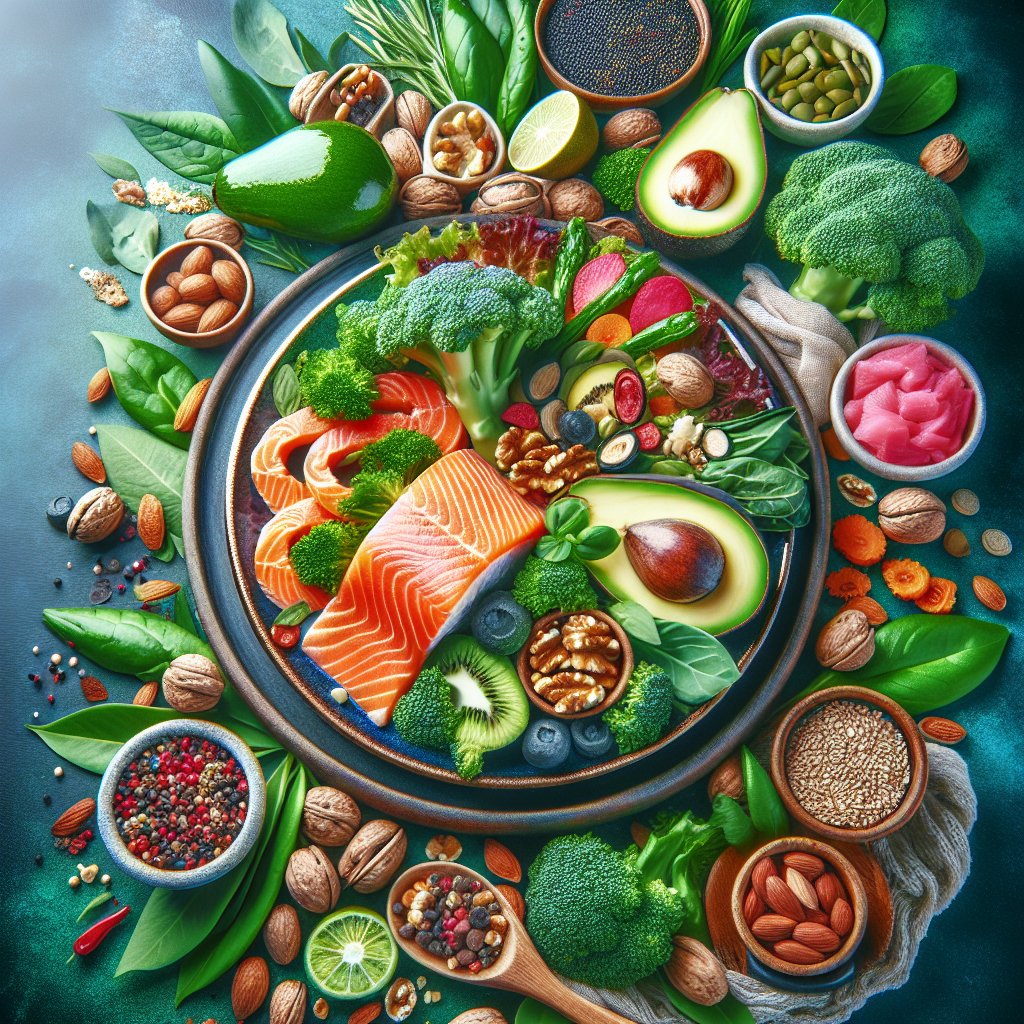 Colorful and vibrant plate featuring avocado, salmon, leafy greens, nuts, and seeds, ideal for women over 50 on a keto diet