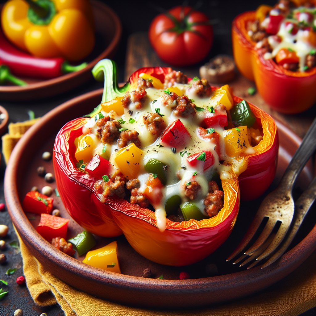 Vibrant bell peppers stuffed with sausage, vegetables, and cheese, charred and topped with herbs