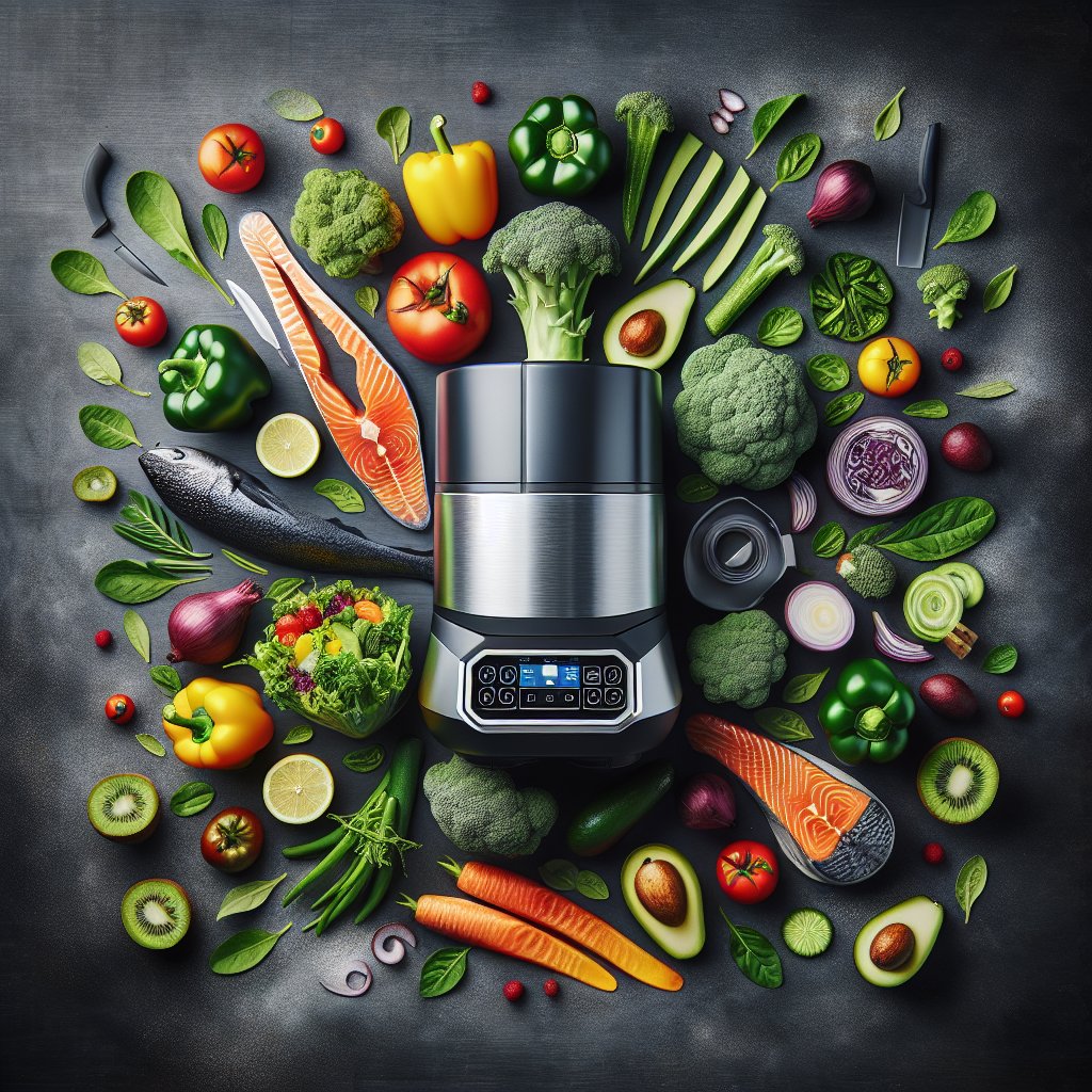 Sleek Ninja Foodi appliance surrounded by fresh keto ingredients like avocados, leafy greens, salmon fillets, and bell peppers, conveying innovation and health-conscious cooking.