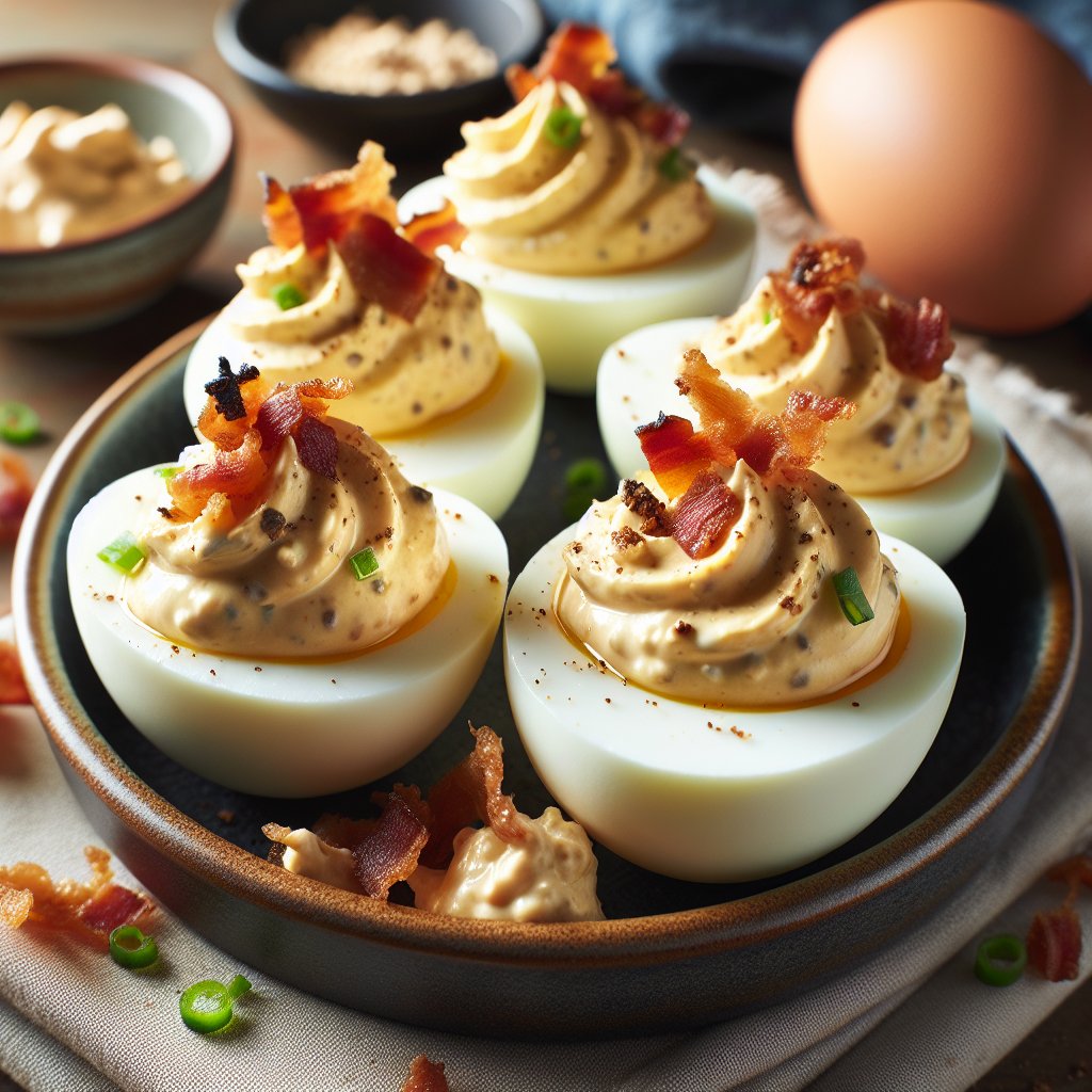 Elegant deviled eggs with creamy filling, topped with crispy bacon bits, perfect for the egg fast diet.