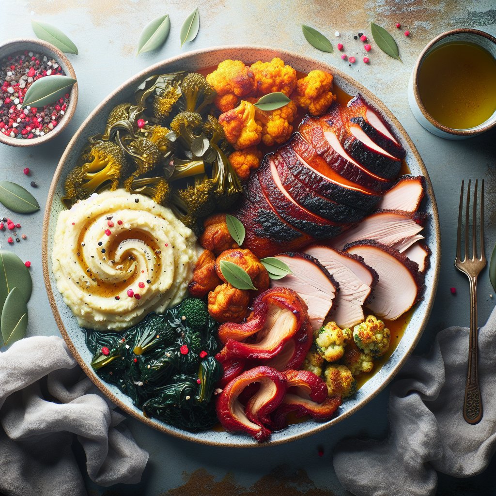 Beautifully presented plate showcasing a fusion of traditional soul food and keto cuisine with collard greens, smoked turkey, and cauliflower mash, symbolizing African-American comfort foods reimagined through a keto lens