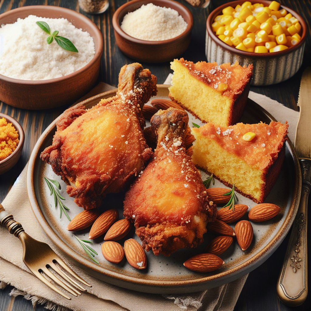 Keto-friendly almond flour-fried chicken and coconut flour cornbread, a contemporary twist on traditional Southern cuisine.