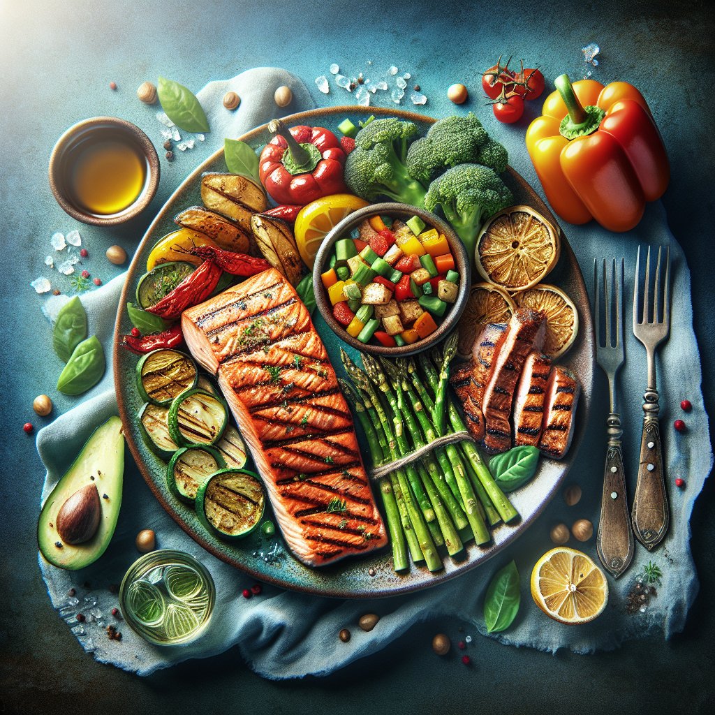 A beautifully plated meal featuring succulent grilled salmon, colorful roasted peppers, and crisp asparagus spears, embodying the key principles of a Southern Keto diet.