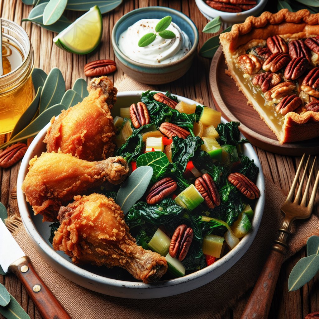 Delectable spread featuring Keto Fried Chicken, Collard Greens, and Pecan Pie, evoking the essence of Southern cuisine on a Keto diet.