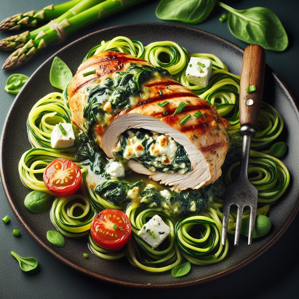 Succulent Spinach and Feta Stuffed Chicken Breast on Zucchini Noodles with Keto-Friendly Vegetables