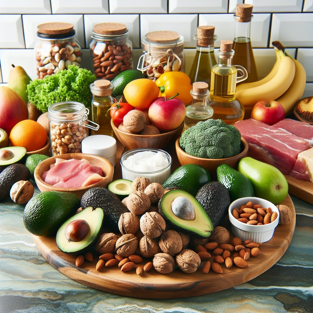 Colorful and inviting kitchen countertop at Trader Joe's filled with fresh and vibrant ingredients like avocados, nuts, coconut oil, and organic grass-fed meats, perfect for a ketogenic diet