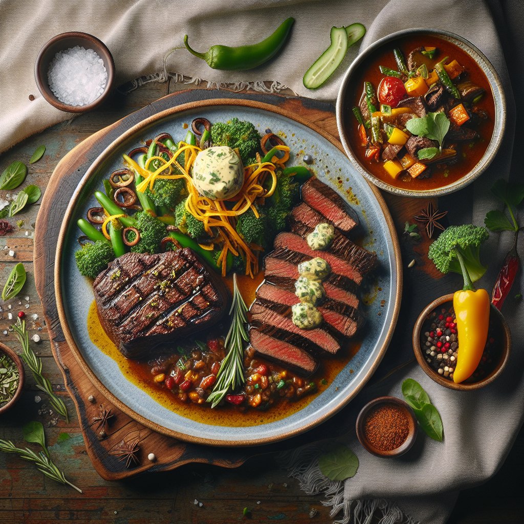 Beautifully presented trio of venison keto recipes on rustic wooden table - seared venison steak, venison chili, and venison stir-fry garnished with herbs and surrounded by spices.