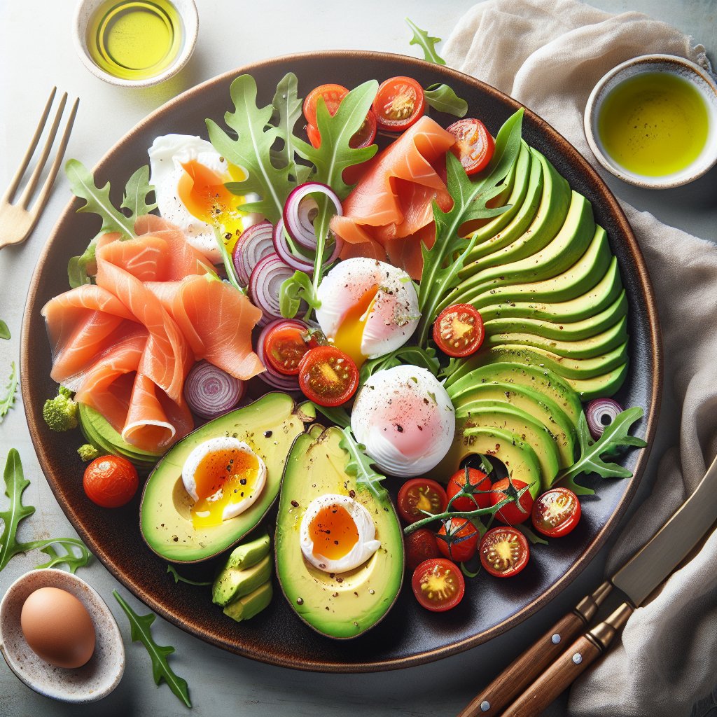 Elegant arrangement of avocado slices, poached eggs, smoked salmon, cherry tomatoes, and arugula drizzled with olive oil in a colorful and nutrient-dense keto breakfast platter.